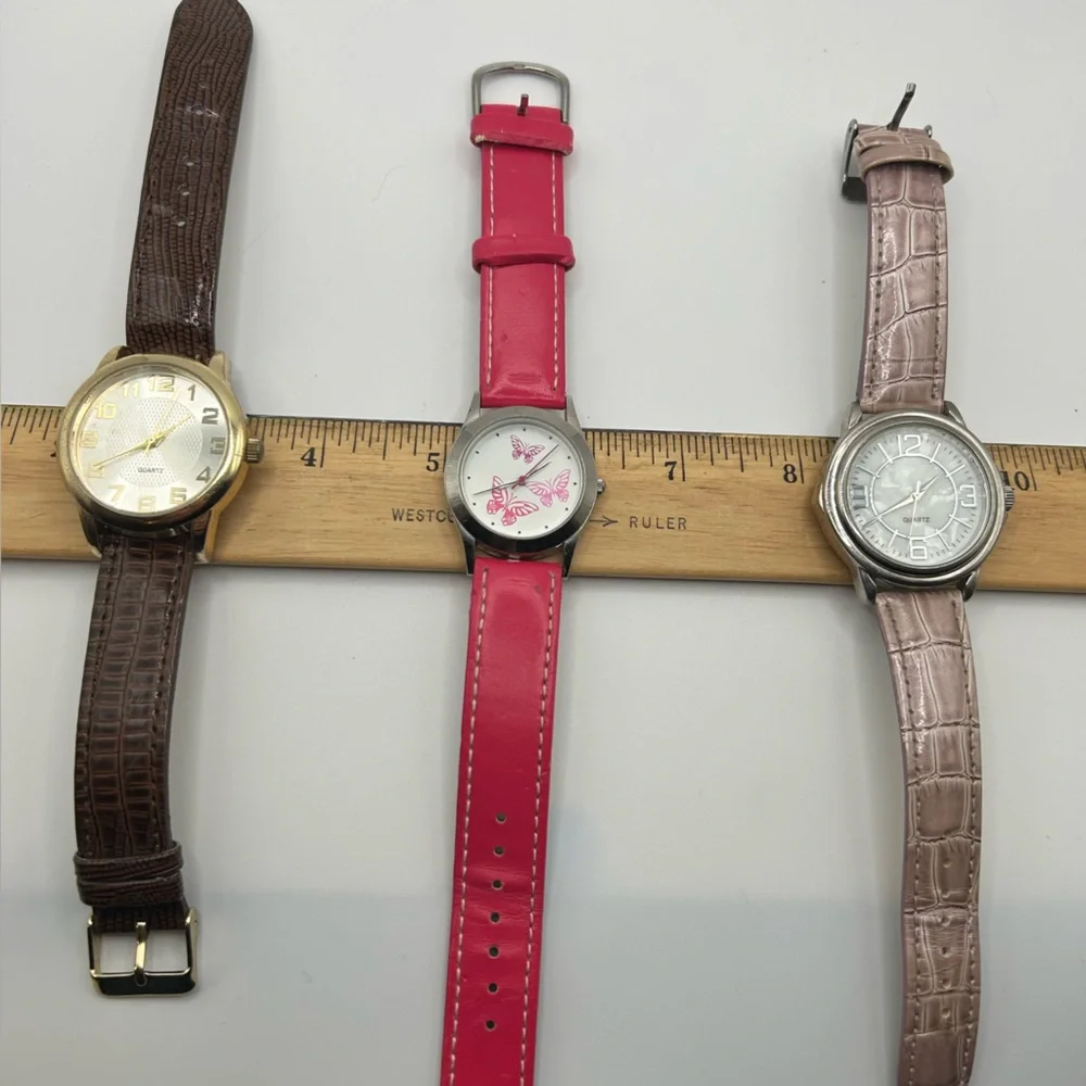 Set of Three Women's Fashion Watches - Pink, Tan & Brown Straps
